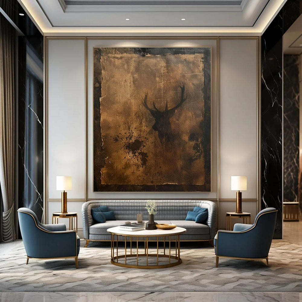 Vintage Deer Silhouette Mixed - Media Abstract Painting for Rustic - Style Cafes HENG475