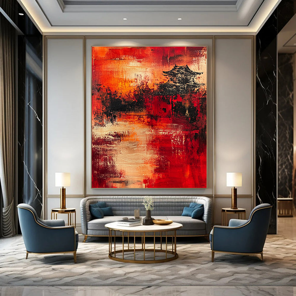 Cultural Red - Black Pagoda Abstract Painting: Heritage Meets Modern Art GAB0956