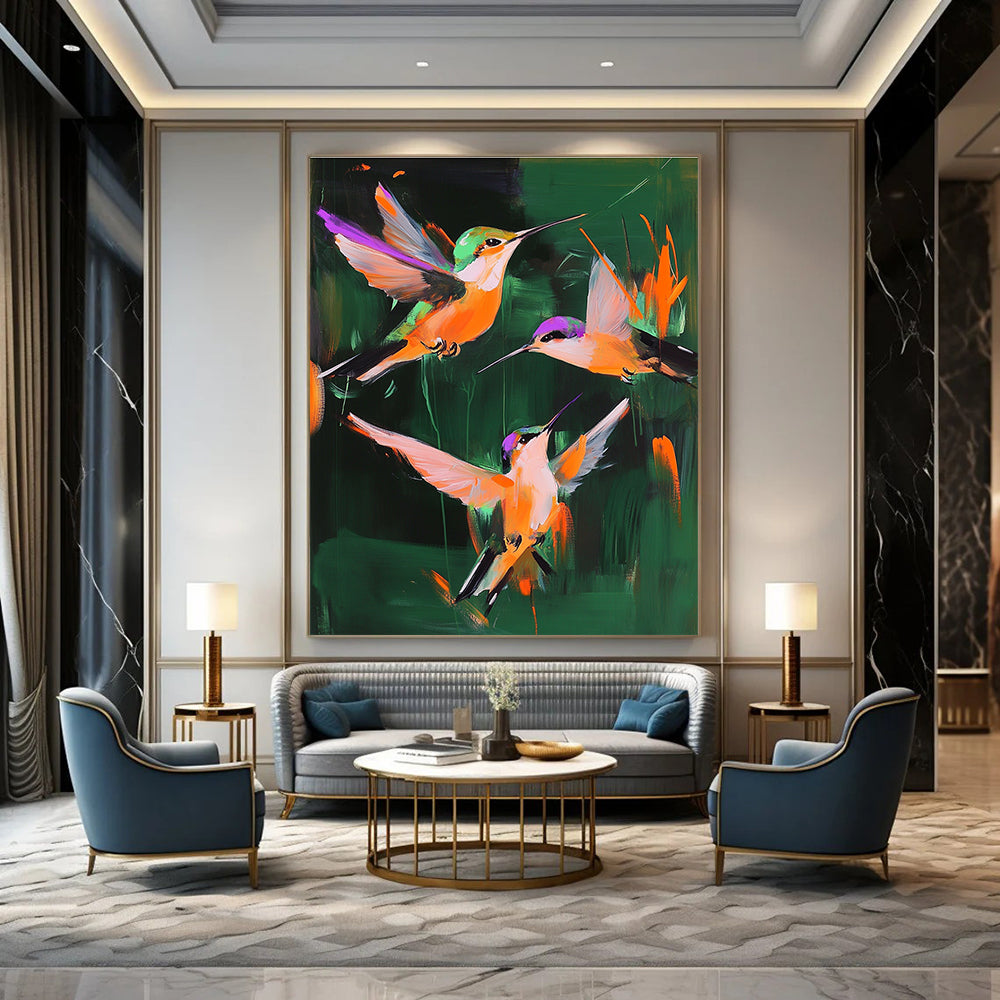Colorful Hummingbirds Abstract Painting of Lively Vitality GAB0148
