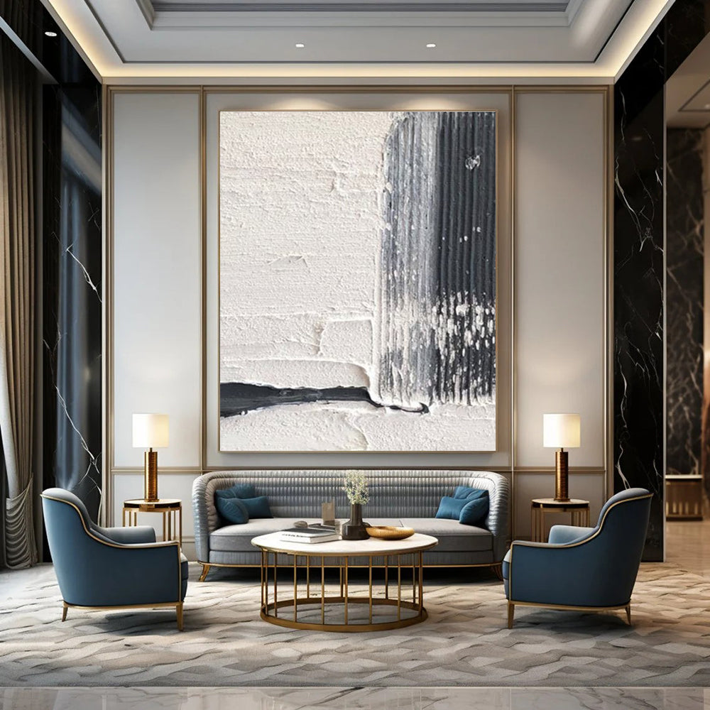 White and Black Textured Striped Art Abstract Painting for Monochrome - Themed Dining Rooms HENG366