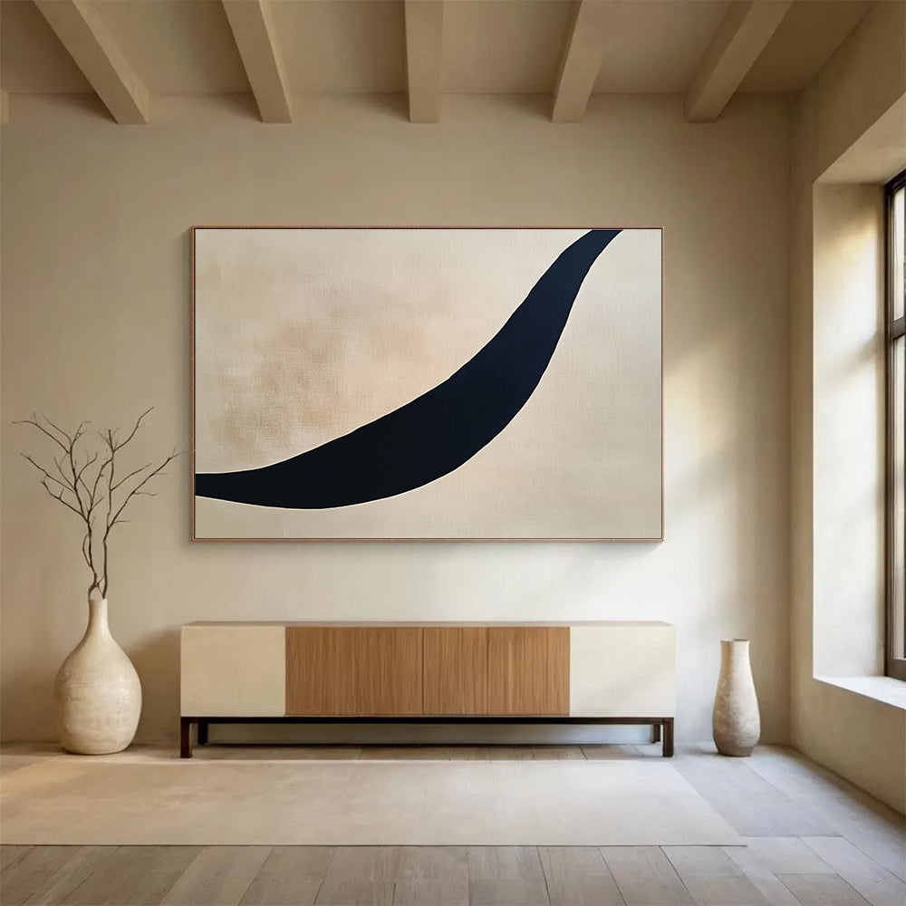 Curved Black Line on Beige Abstract Painting ABS584