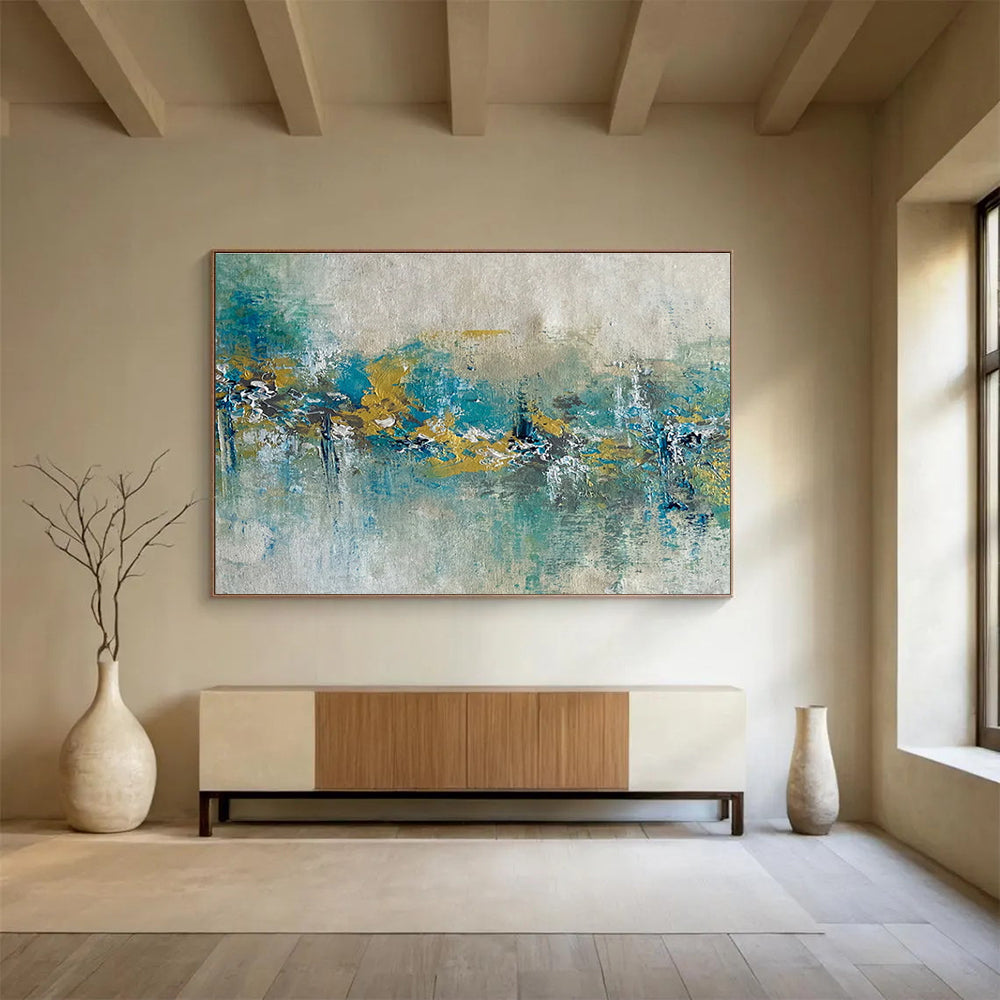 Teal and Gold Abstract Band Painting for Coastal - Themed Restaurants YHT342