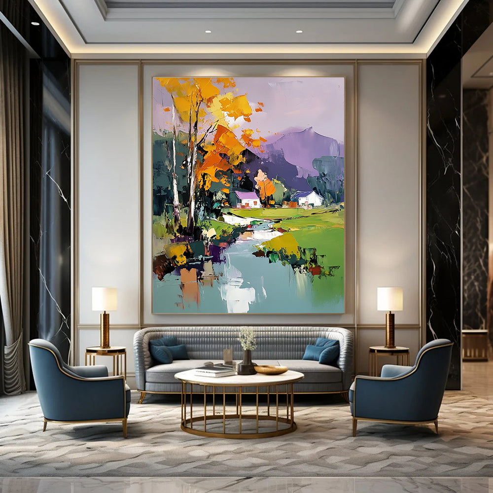 Colorful Village Landscape Abstract Painting for Bohemian - Style Country Homes GAB1347