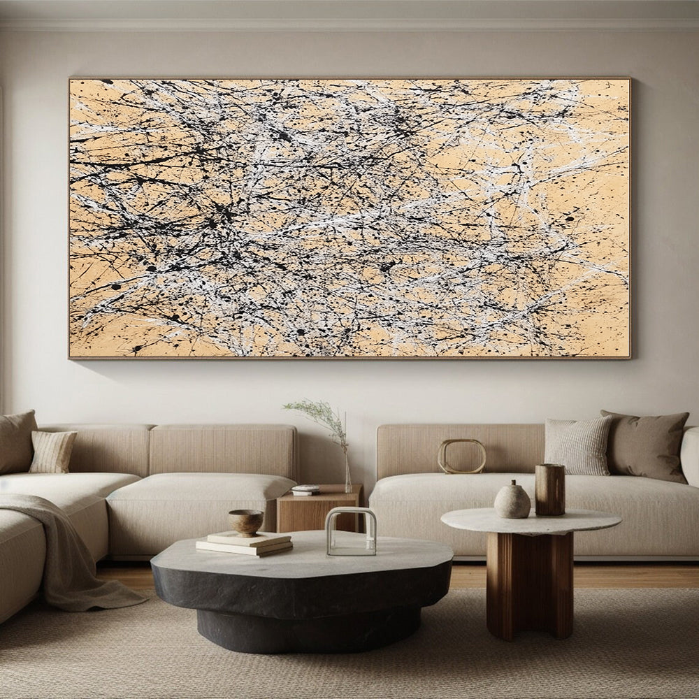 Splattered Ink on Beige Abstract Painting with Dynamic Energy WINK002