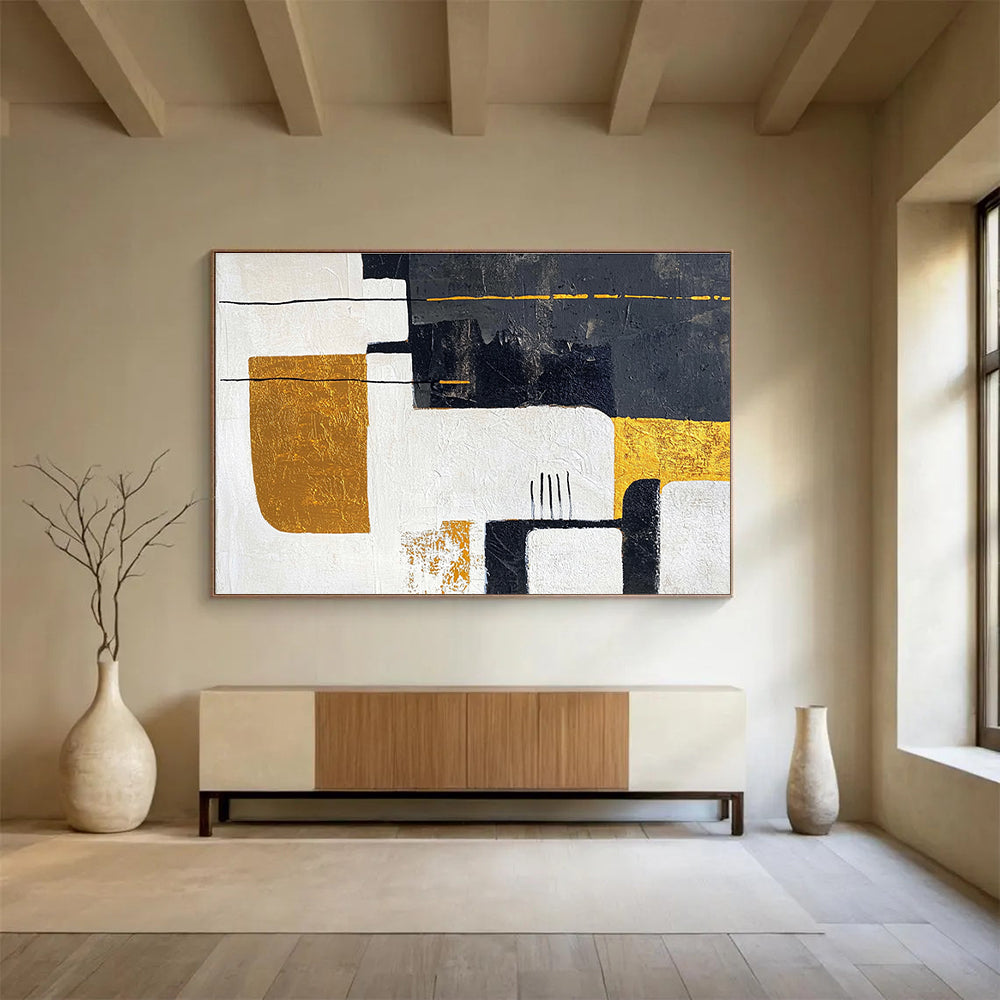 Black and Gold Geometric Abstract Painting with Sophisticated Style ABS425
