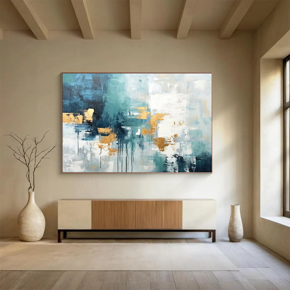 Teal - Gold Abstract Drip Painting for Contemporary Living YHT072