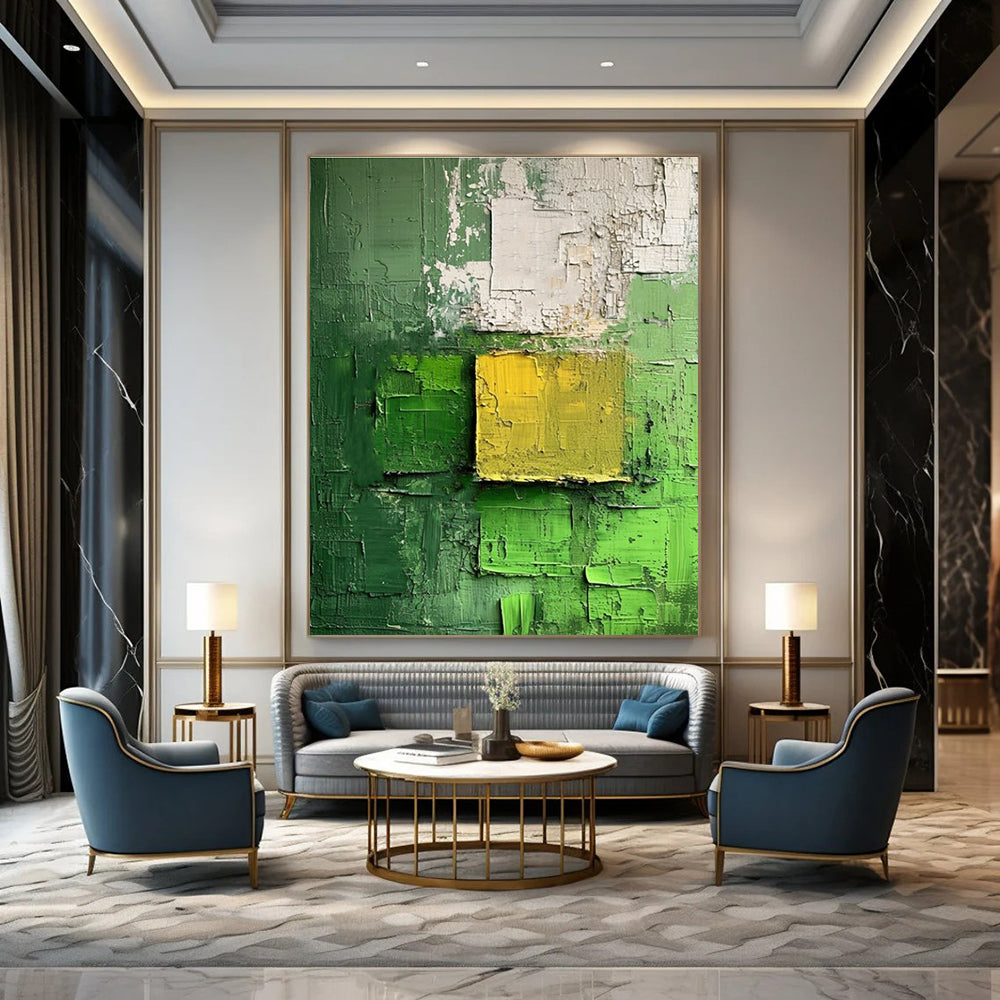 Green and Yellow Textured Abstract Painting for Eco - Friendly Retail Spaces HENG029