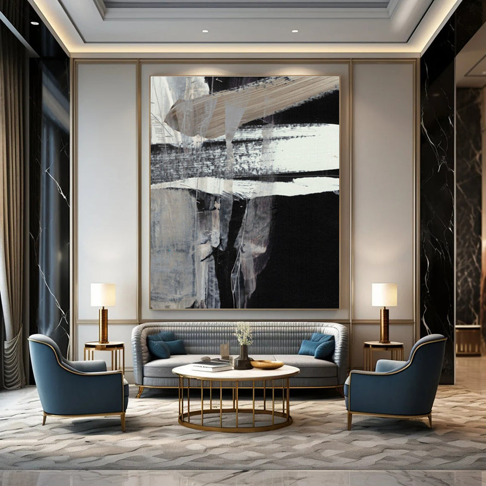 Black - White Textured Abstract Painting for Minimalist Home Offices HENG193