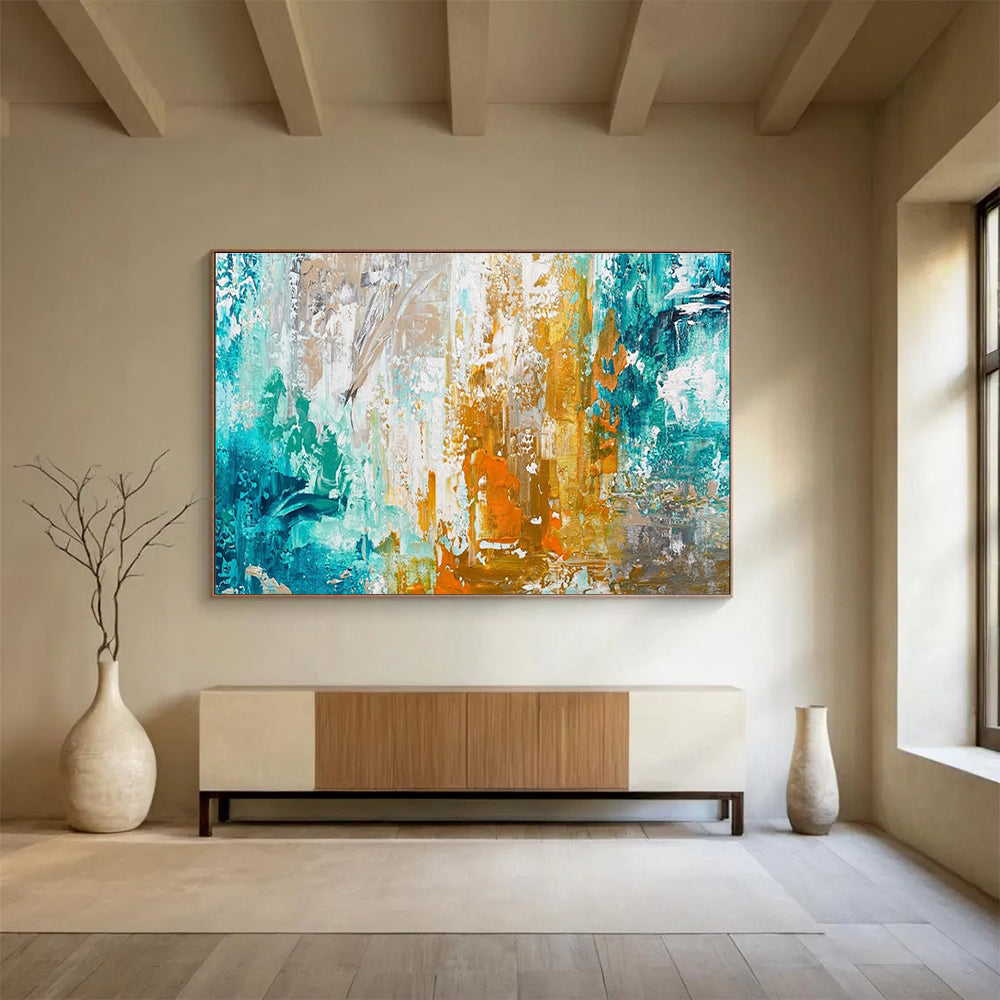 Teal - Gold - Orange Abstract Painting for Coastal Art Galleries YHT382