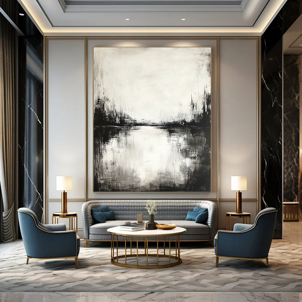 Black and White River Scene - Serene Minimalist Abstract Painting GAB0451