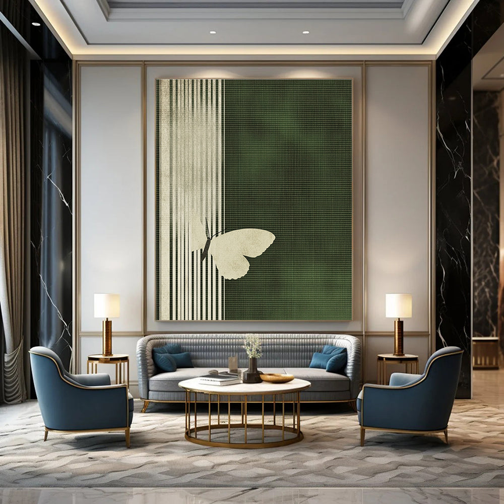 White Butterfly on Green Stripes Abstract Painting of Delicate Contrast GAB0173