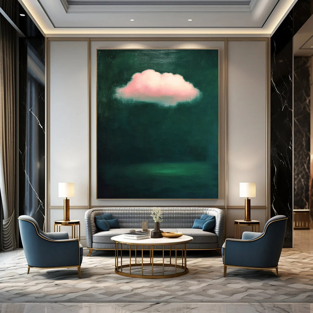 Pink Cloud on Dark Green Dreamy Abstract Painting for Thoughtful Spaces GAB1447