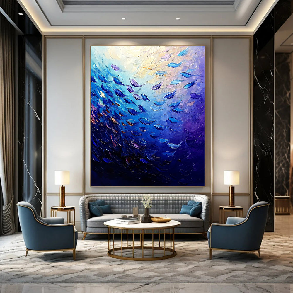 Blue Fish School Abstract Painting for Nautical - Themed Bars GAB1285