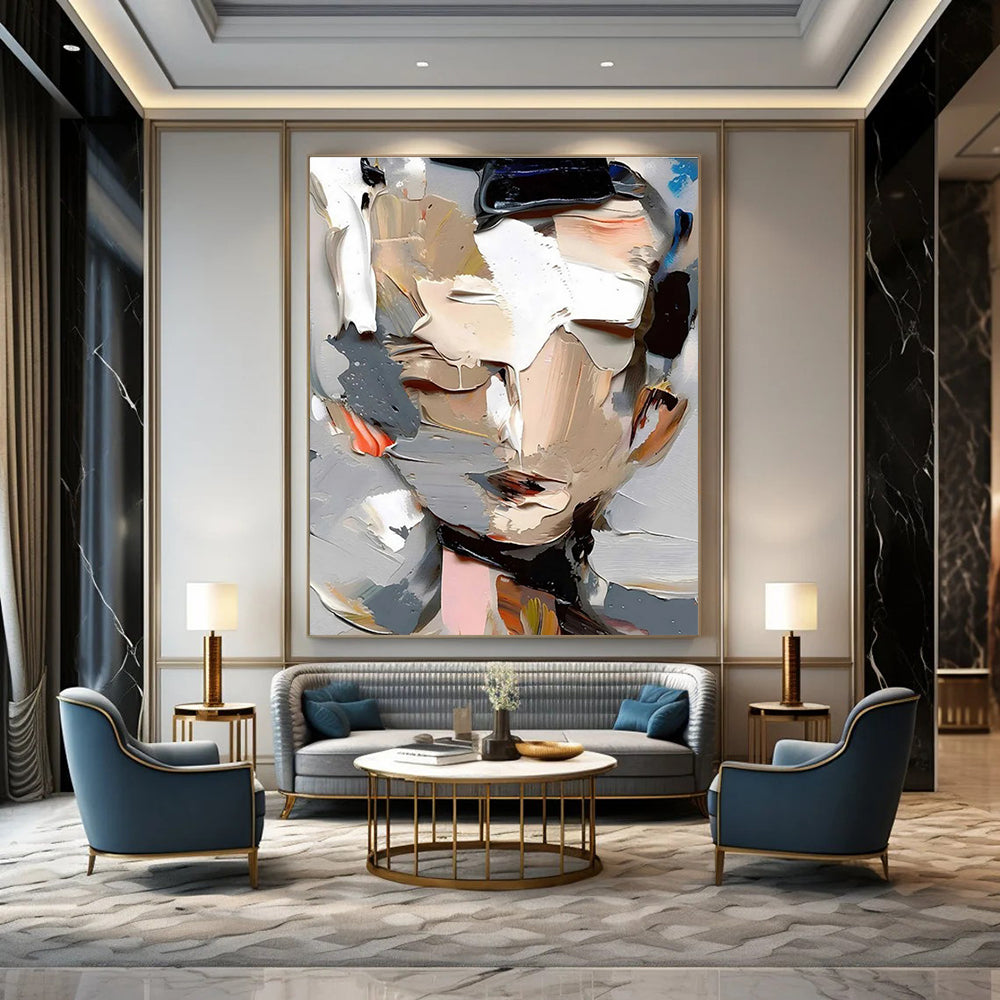 Abstract Portrait with Layered Paints Painting for Contemporary Art Spaces HENG320