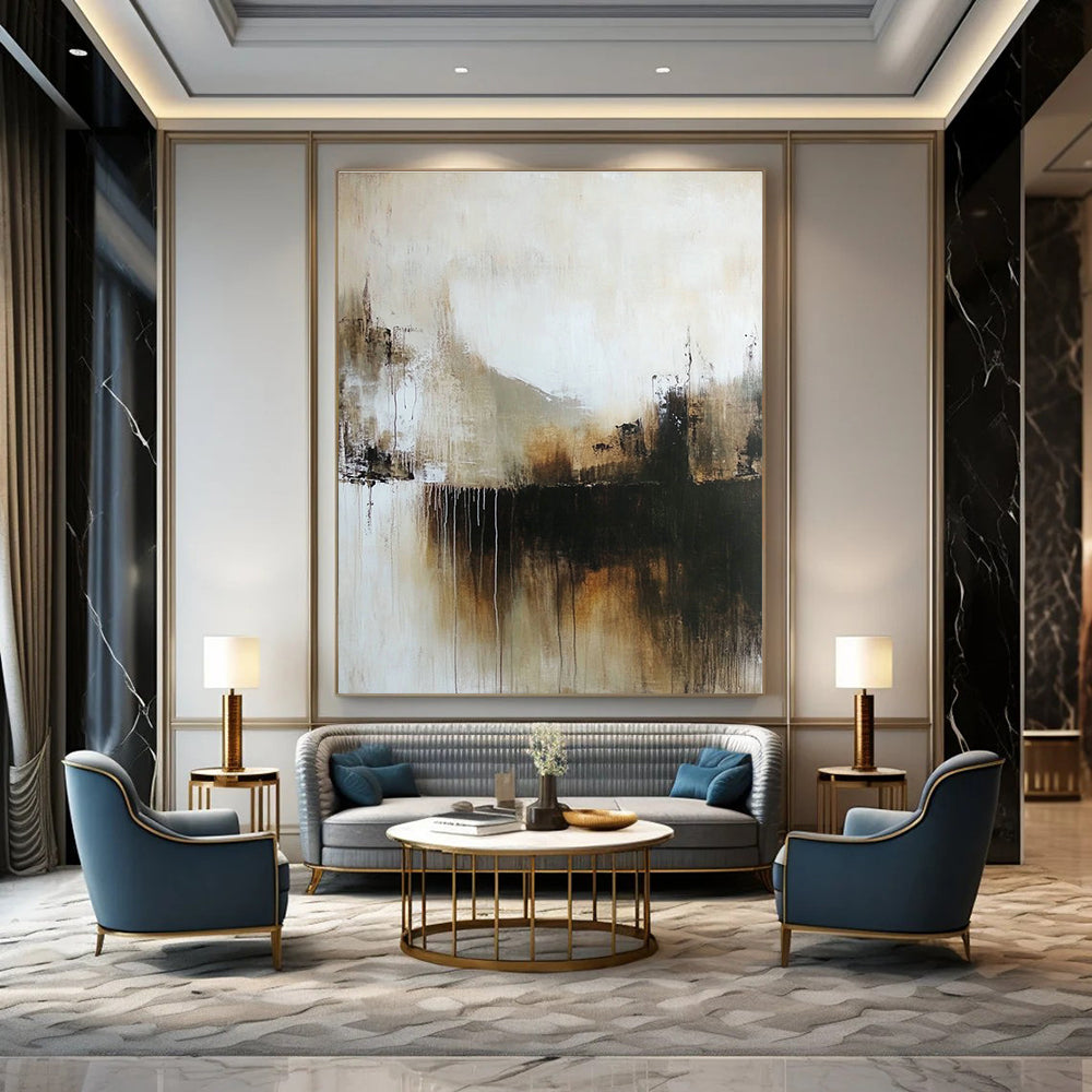 Beige and Black Drip Abstract Painting for Industrial - Styled Lofts GAB1094