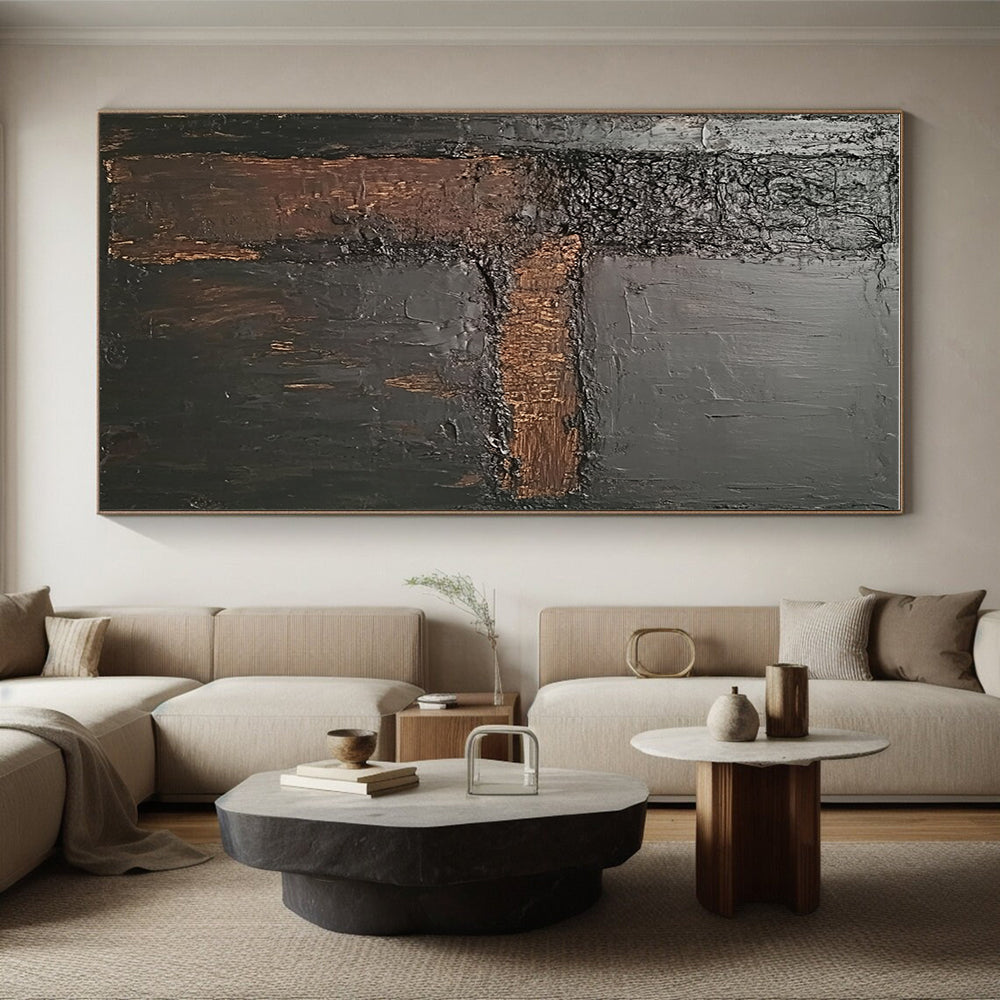 Dark Textured Geometry Abstract Painting with Industrial Elegance WINK088