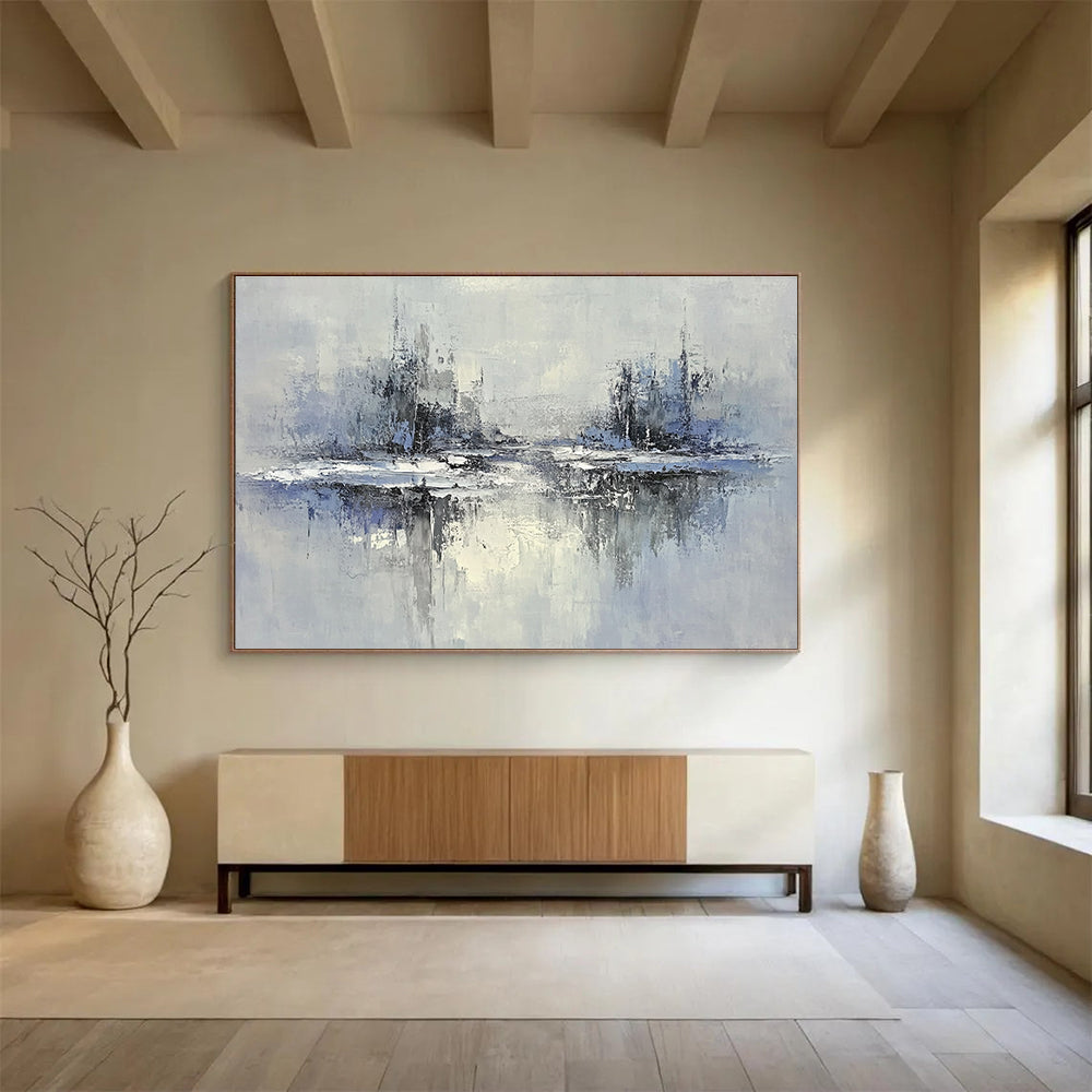 Blue - Gray Abstract Cityscape with Reflected Textures Abstract Painting ABS334