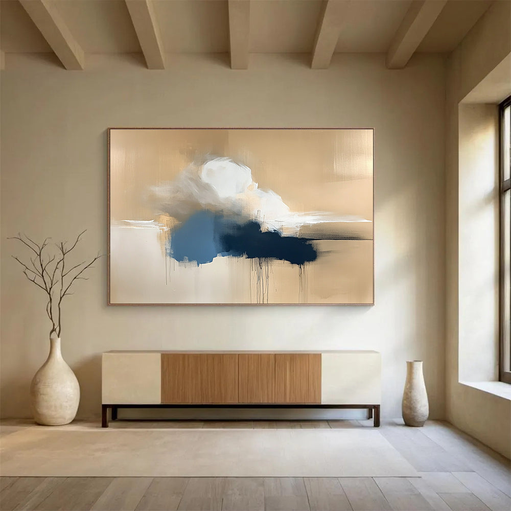 Minimalist Cloud Drift with Dripping Accents Abstract Painting ABS319