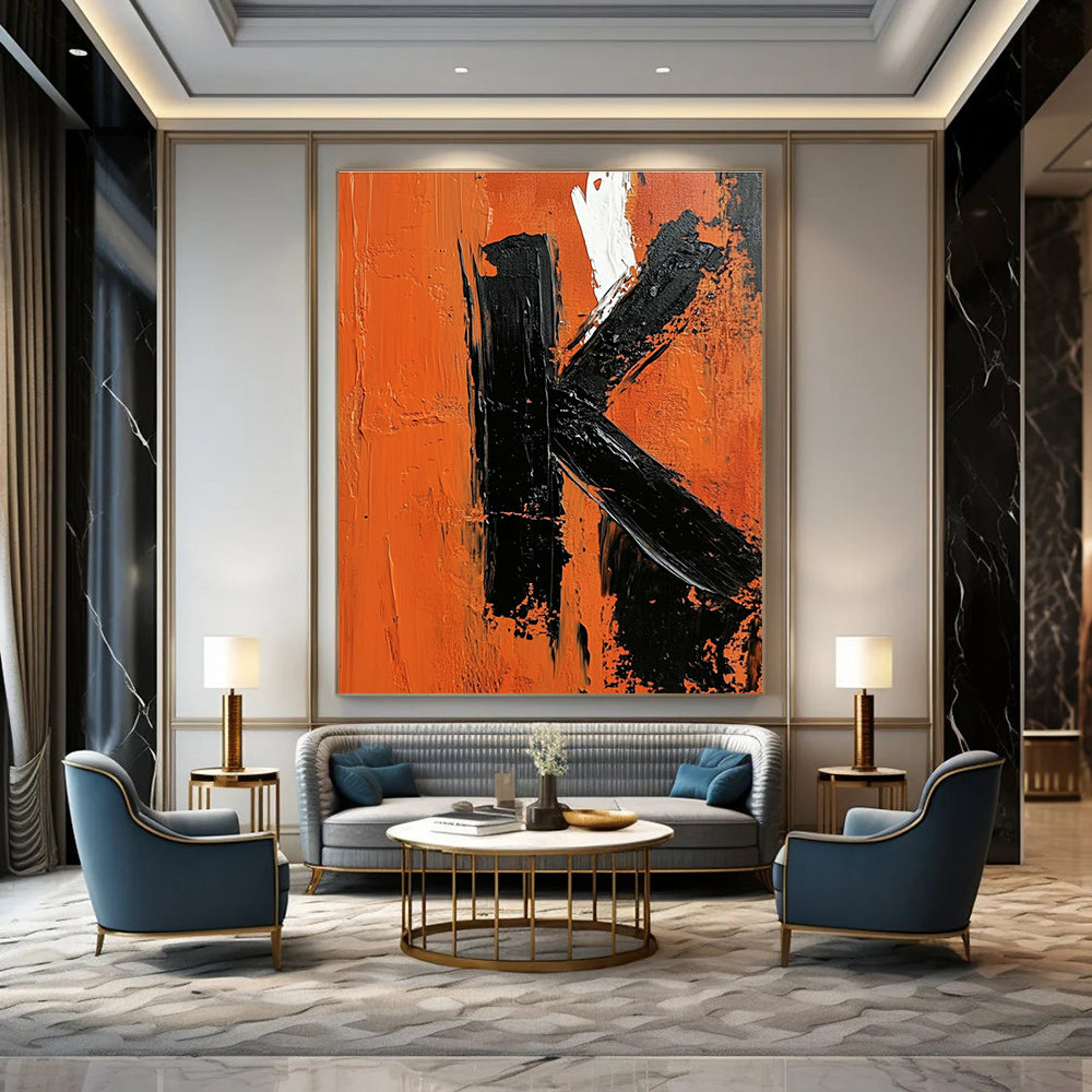 Bold Black and Orange Letter K Abstract Painting for Industrial - Style Spaces GAB1366