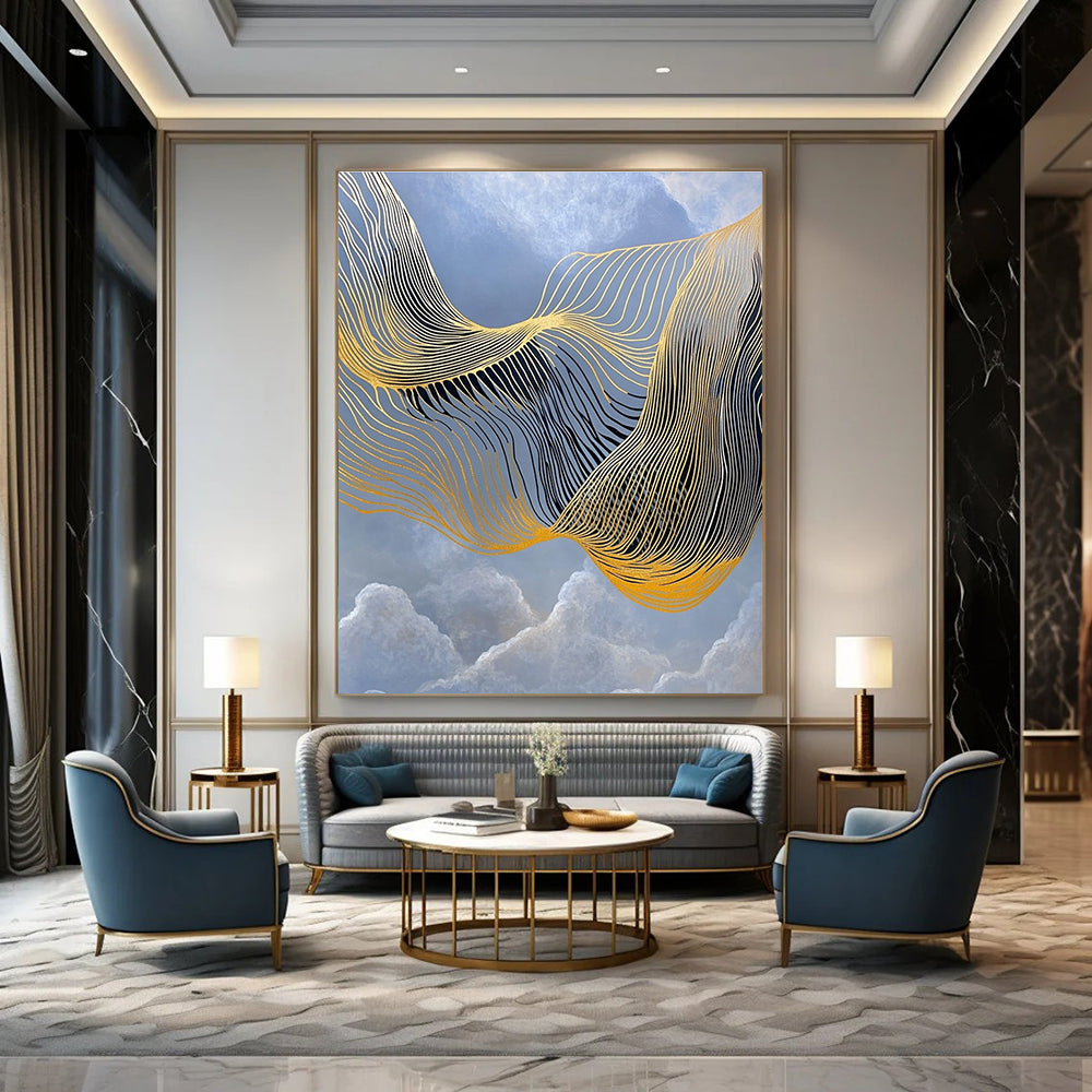 Golden Wavy Lines Abstract Painting for Luxury Hotel Lobbies GAB1321