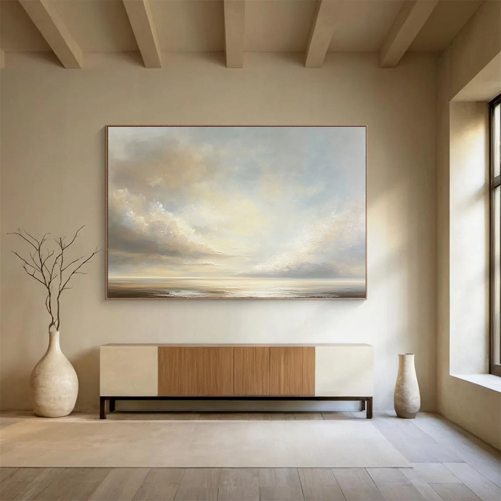 Light - Hued Sky and Sea: Tranquil Coastal Atmosphere Captured Abstract Painting ABS151