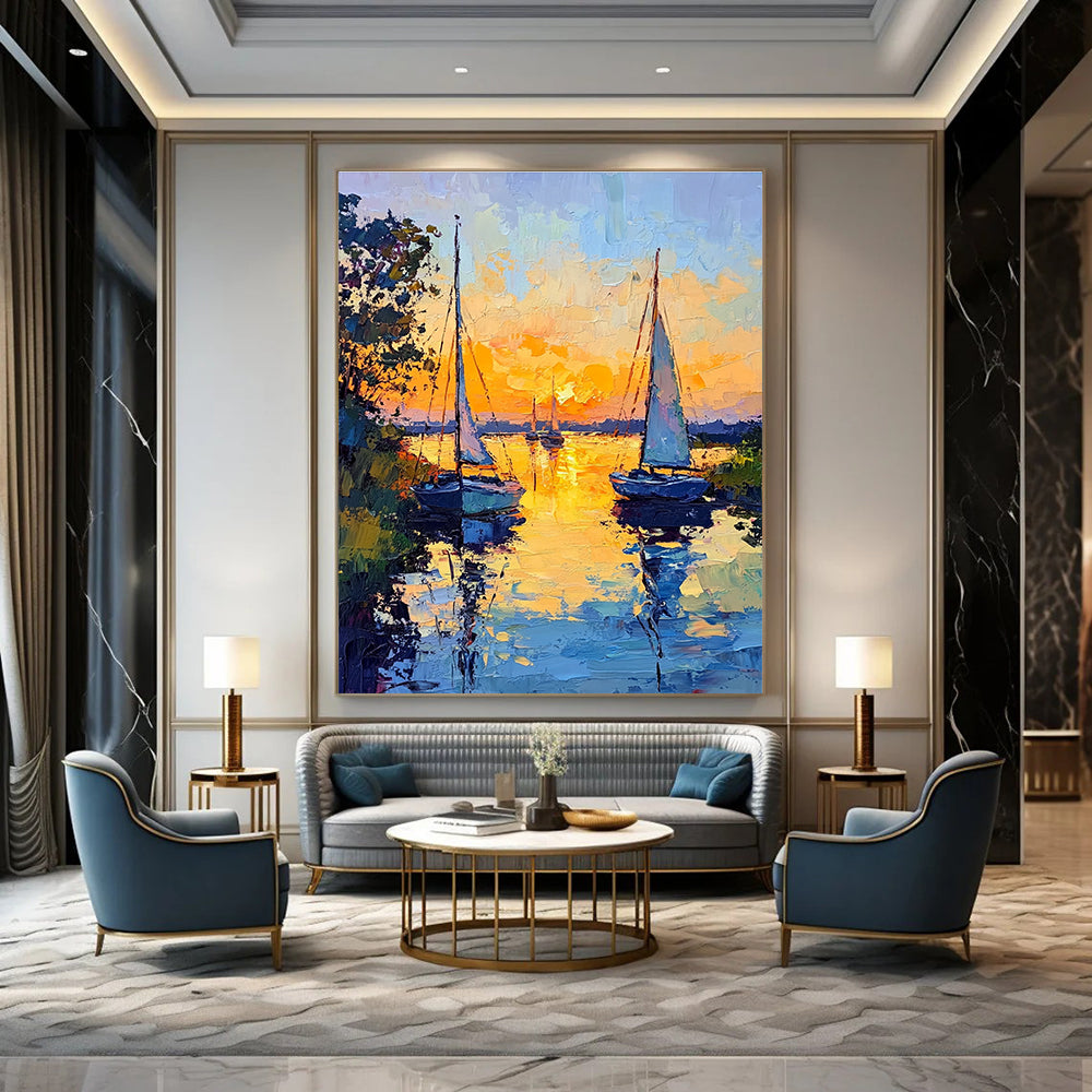 Sailboats at Sunset Impressionistic Abstract Painting for Coastal Homes GAB1438