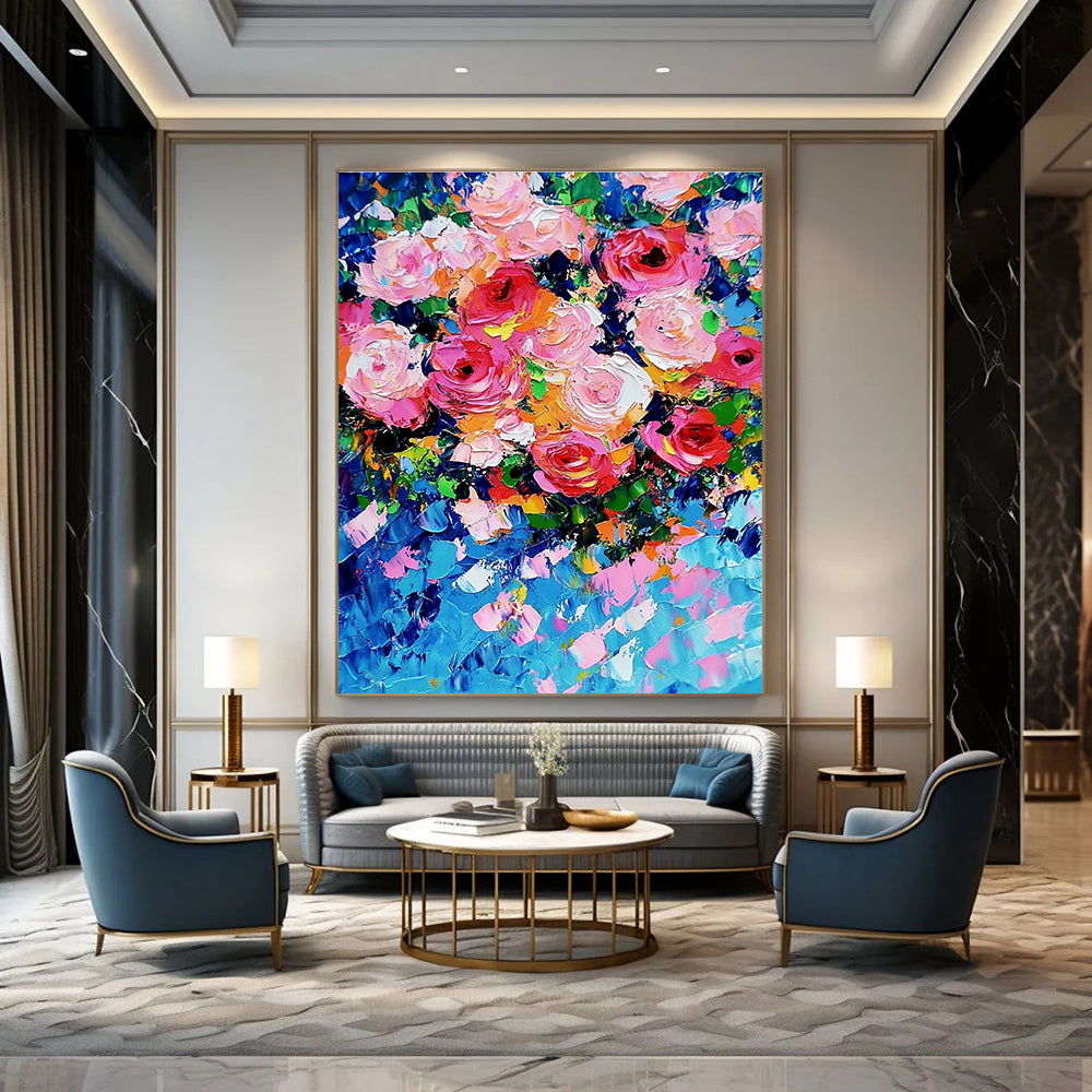 Bold Pink Rose Bouquet Abstract Painting of Passionate Blooms GAB0161