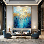 Enchanted Blue - Gold Forest Abstract Painting for Nature - Themed Cafes HENG065