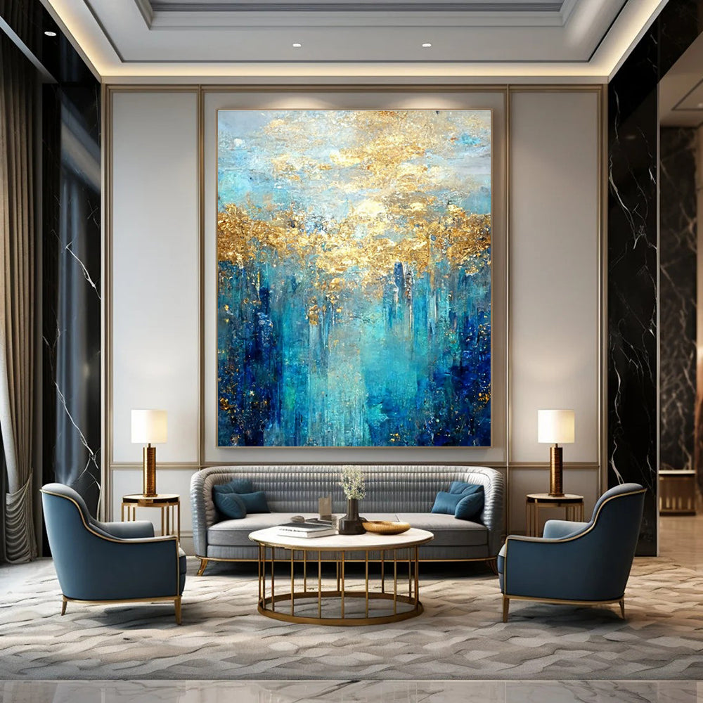 Enchanted Blue - Gold Forest Abstract Painting for Nature - Themed Cafes HENG065