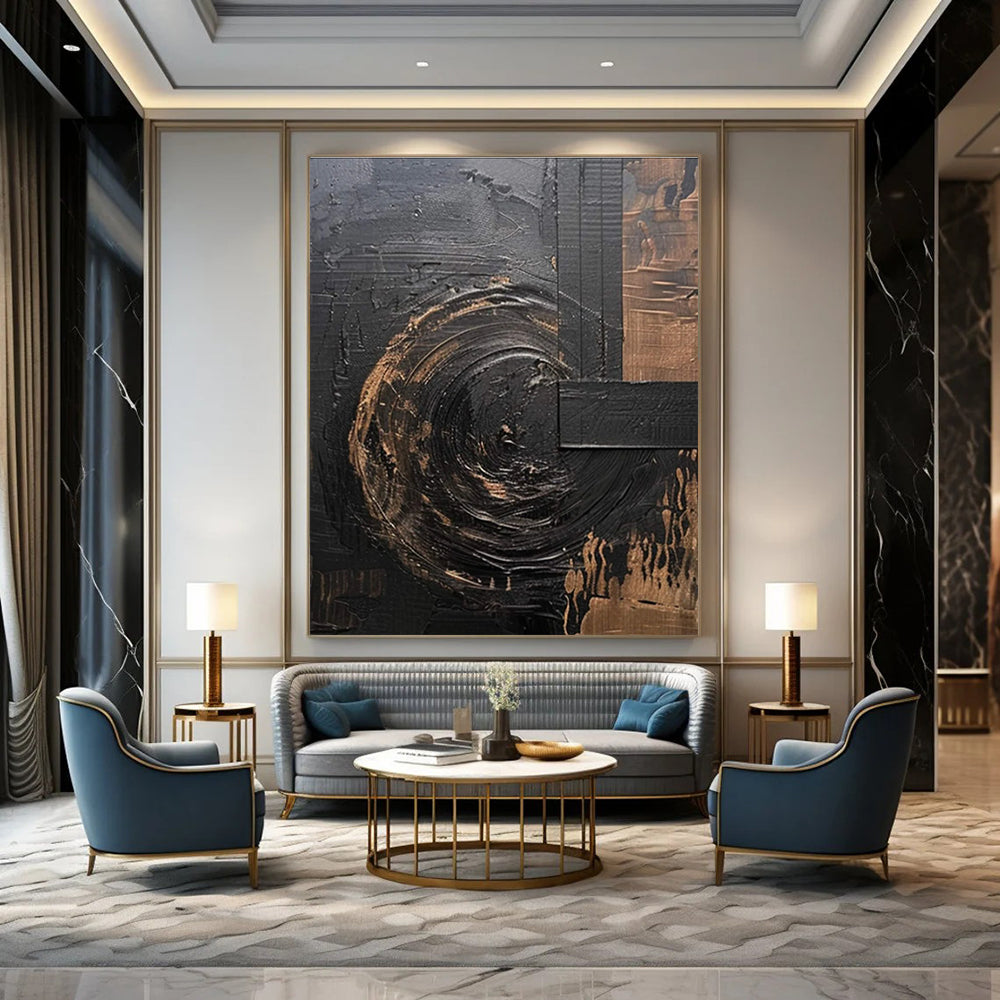Black and Gold Textured Abstract Painting for Luxury Hotel Lobbies HENG476