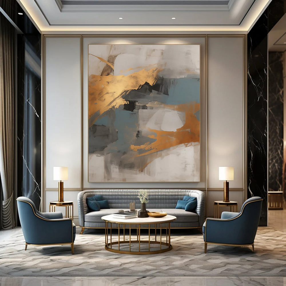 Gray - Gold - Blue Abstract Painting for Sophisticated Office Lounges HENG136