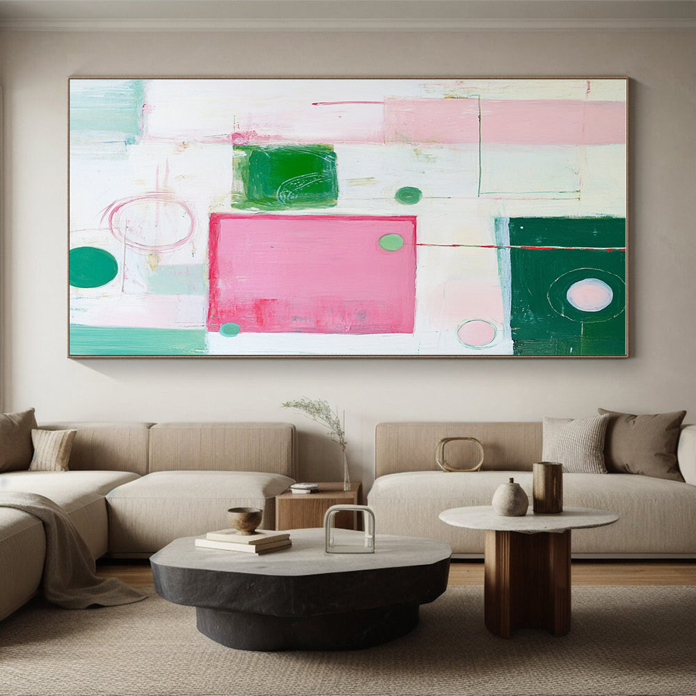 Pink Green White Abstract Painting with Playful Geometry WINK518