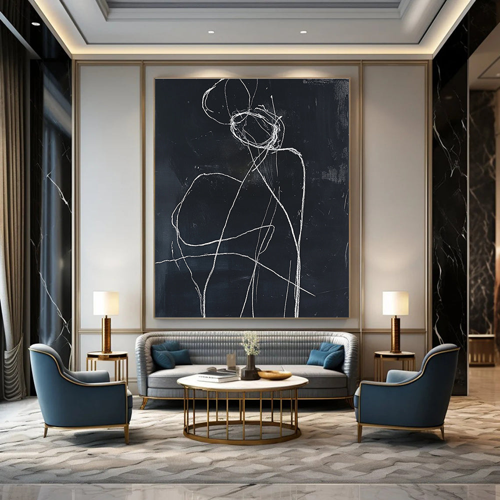 Minimalist Figure Sketch Painting with White Lines GAB0108