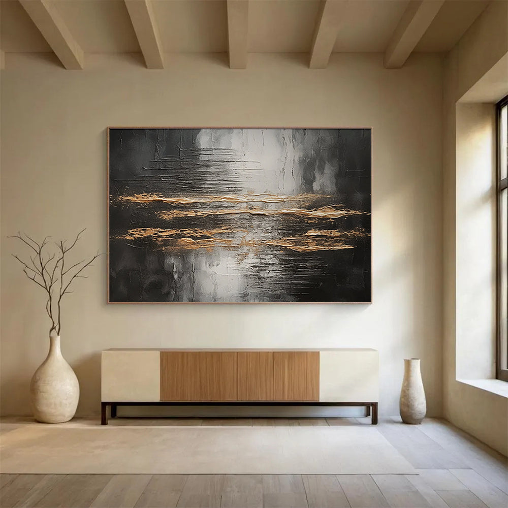 Black and Gold Abstract Stripes Painting for Luxurious Dining Rooms YHT318