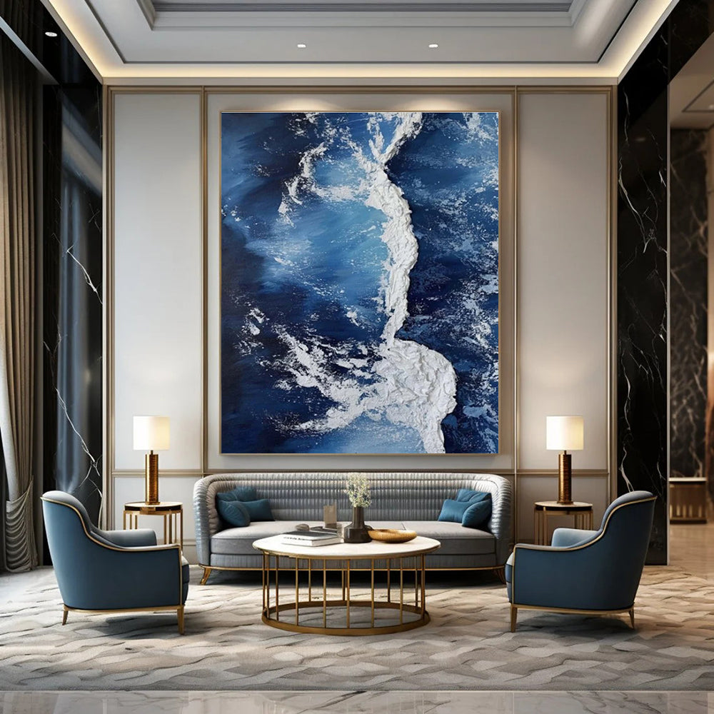 Textured Blue and White Ocean Abstract Painting for Coastal - Themed Cafes HENG335