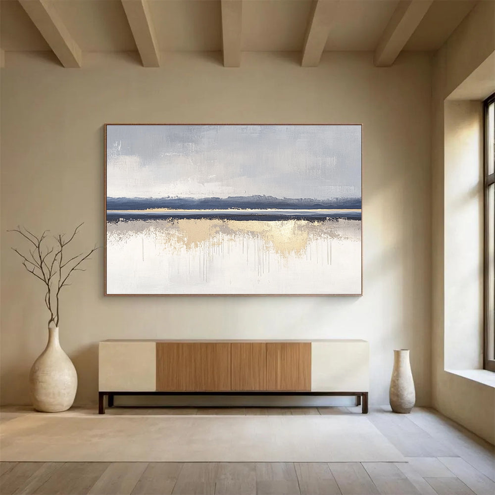 Minimalist Gray - Blue - Gold Abstract Landscape Painting ABS199