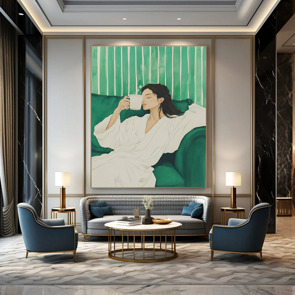 Woman with Coffee on Green Sofa Painting of Relaxed Comfort GAB0135