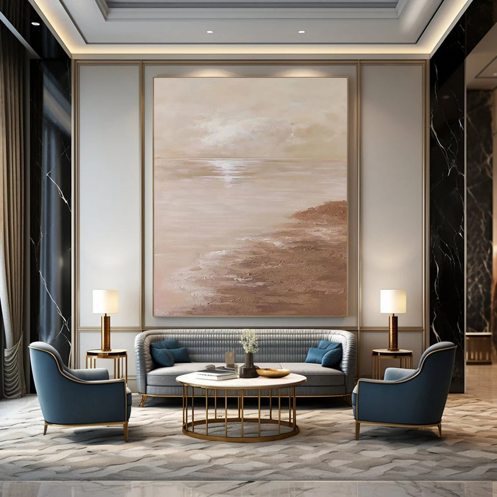 Serene Beige Seaside Landscape Abstract Painting for Coastal - Inspired Bedrooms HENG341