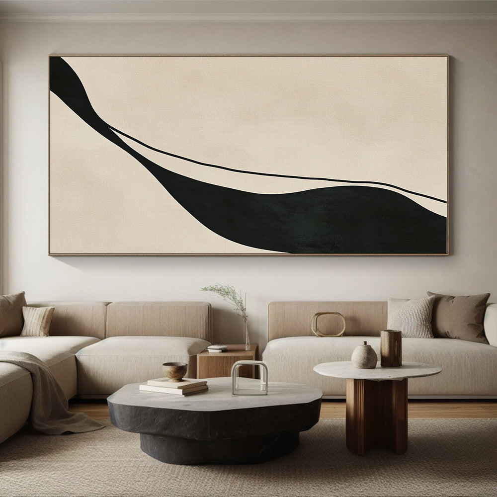 Black and Beige Curved Abstract Painting with Fluid Lines WINK843