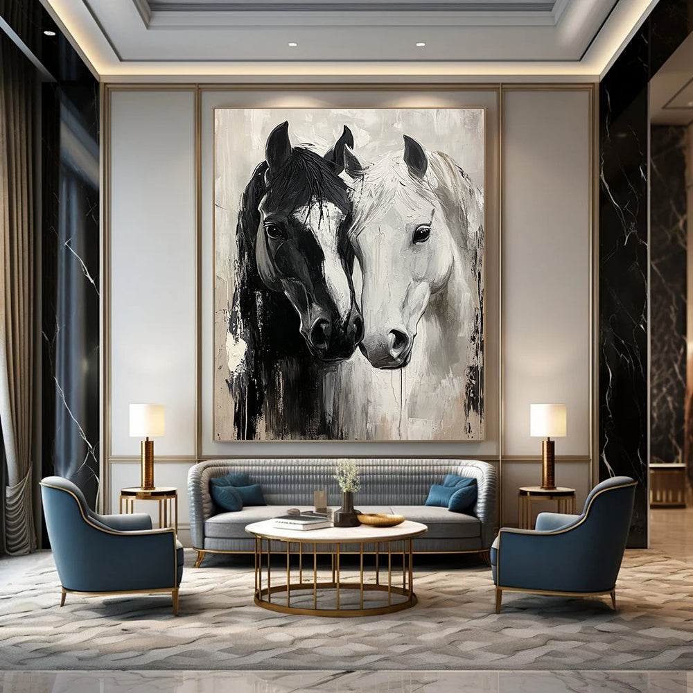 Two Horses in Black and White Dynamic Abstract Painting for Energetic Interiors GAB1433