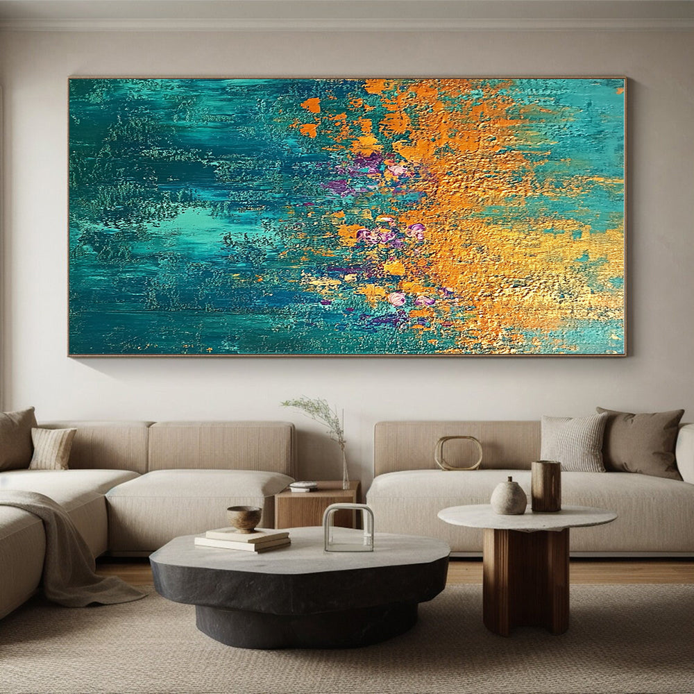 Teal and Gold Floral Abstract Painting with Enchanted Blooms WINK288