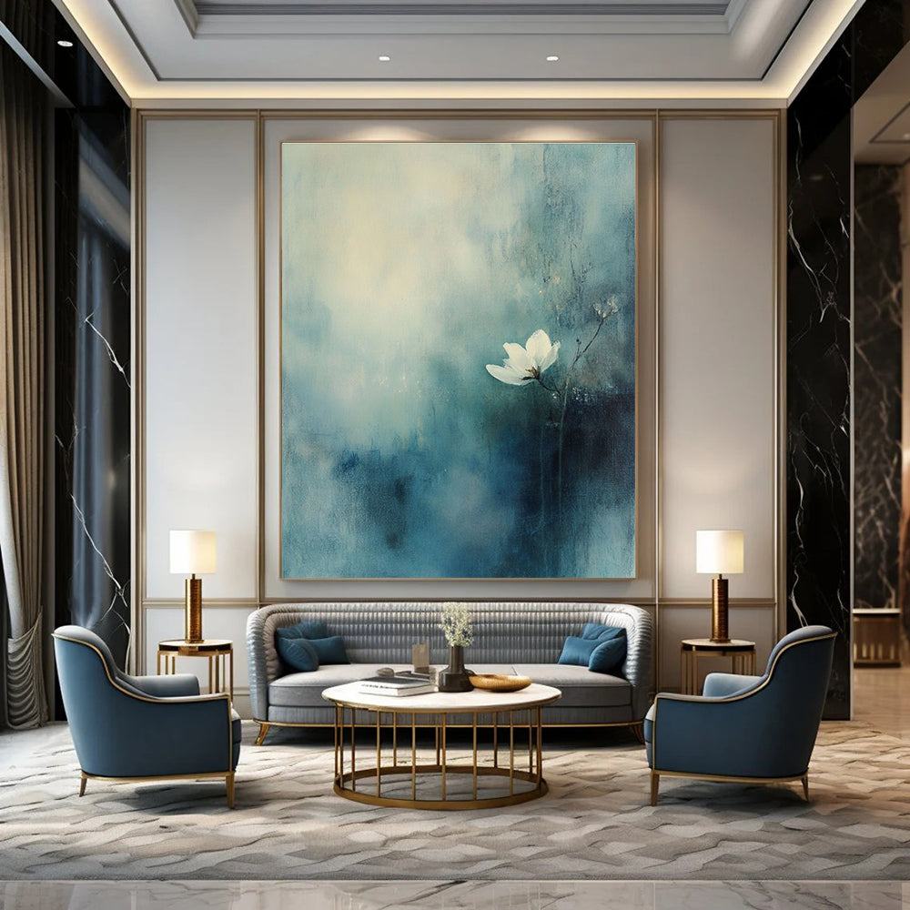 Solitary White Flower Abstract Painting for Serene Bedrooms GAB1101