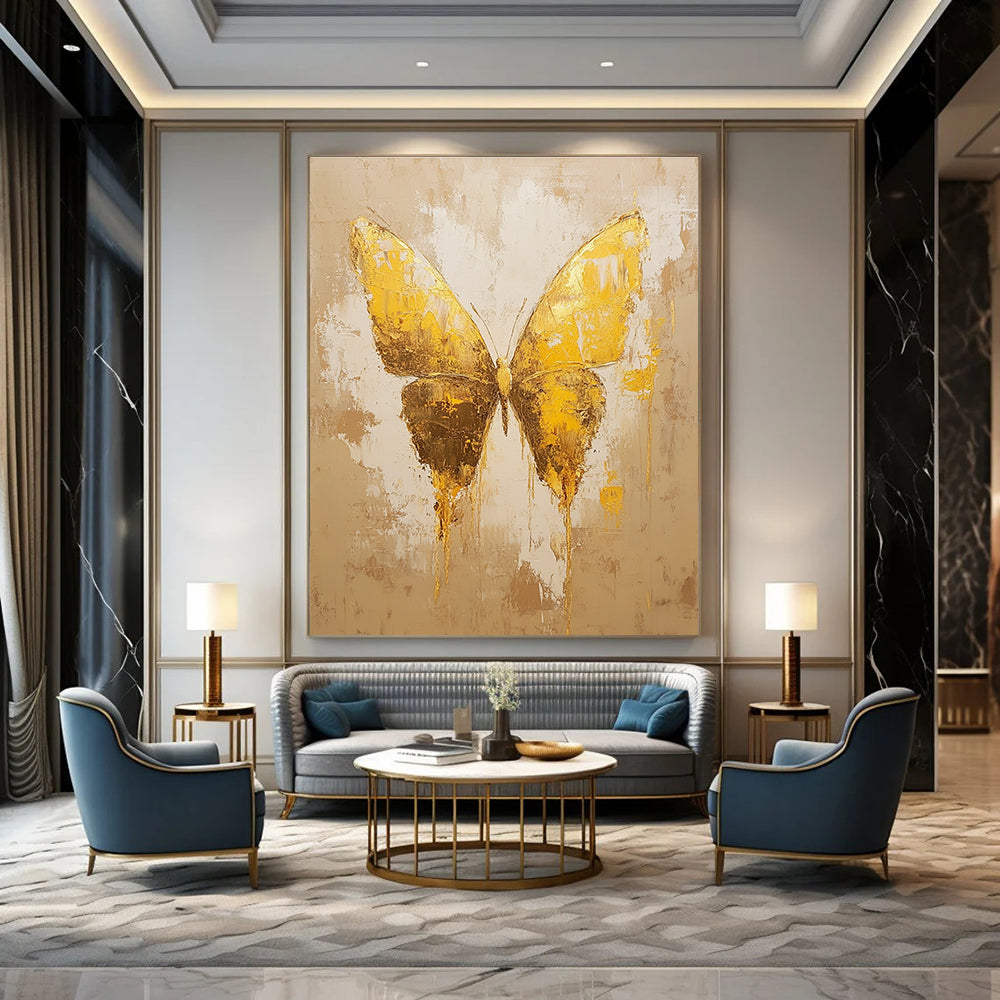 Golden Textured Butterfly Abstract Painting of Opulent Transformation GAB0163