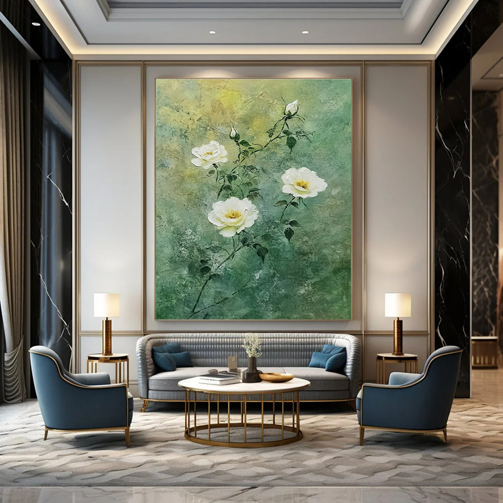 White Roses on Green Delicate Abstract Painting for Fresh Interiors GAB1538
