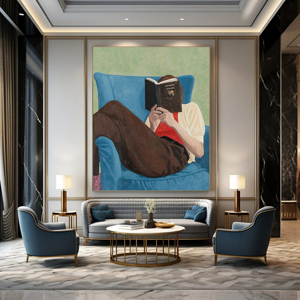 Reader in Blue Chair Figurative Painting for Cozy Reading Nooks HENG303