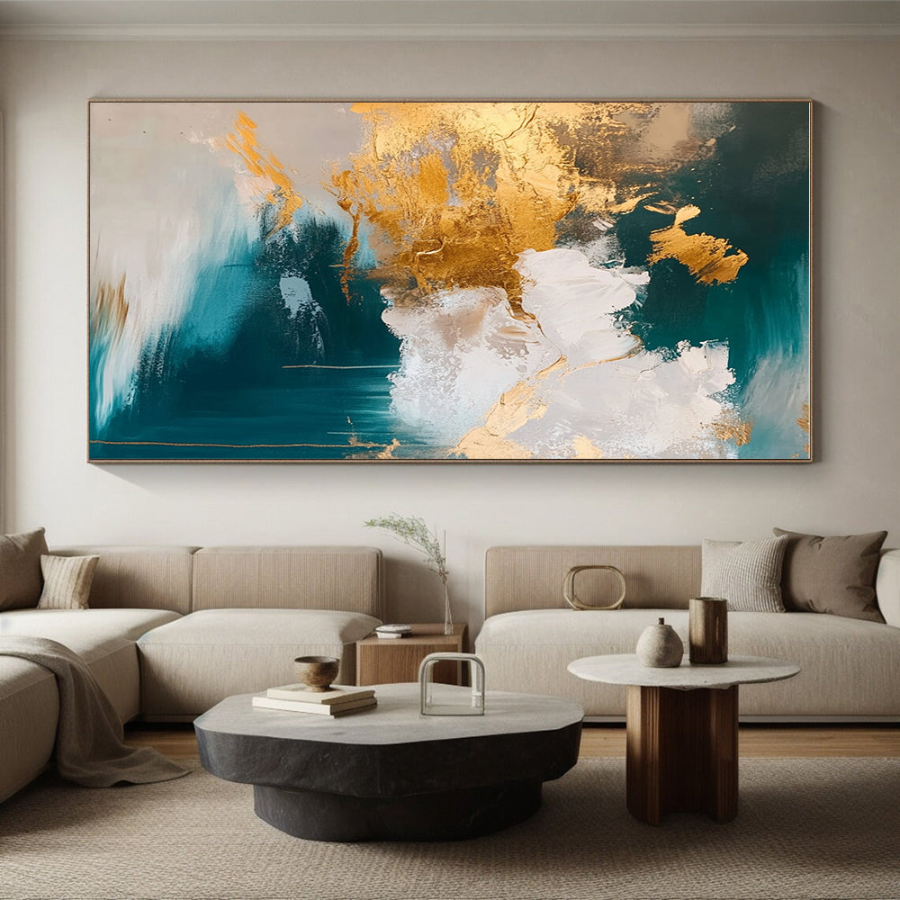 Teal Gold Abstract Clouds Painting with Metallic Accents WINK630