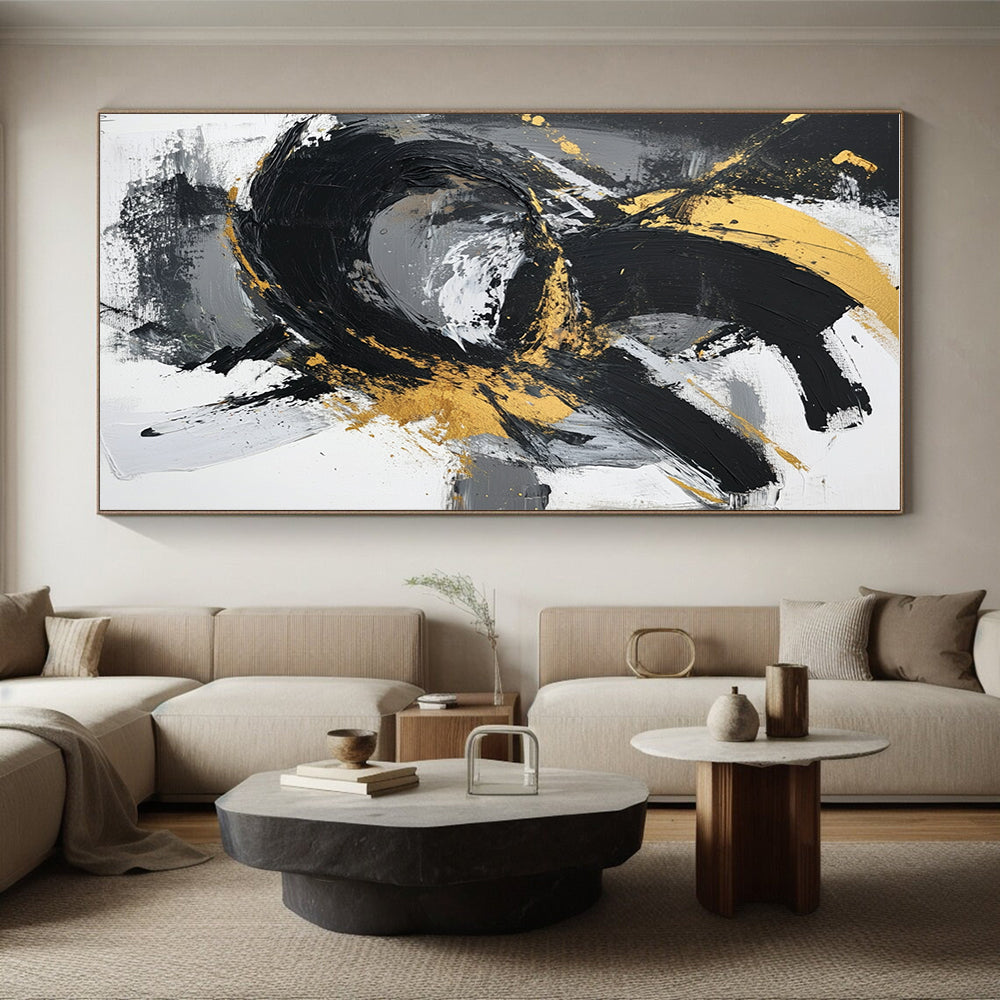 Gold - Black Abstract Swirl Painting with Elegant Movement WINK367