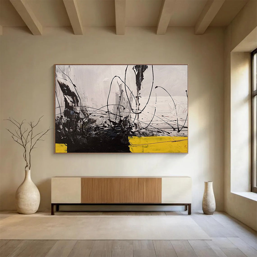 Black - White - Yellow Abstract Painting for Dramatic Spaces YHT008