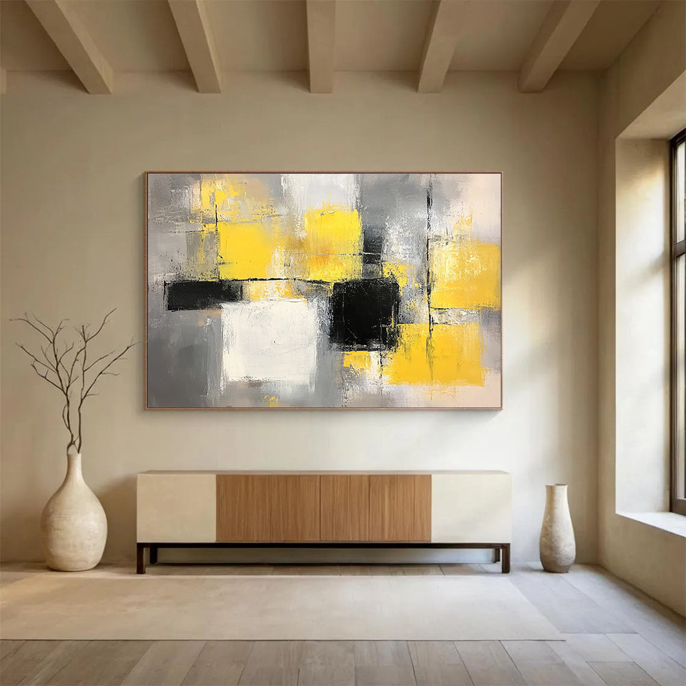 Yellow, Gray and Black Geometric Abstract Painting with Vibrant and Neutral Tones ABS400