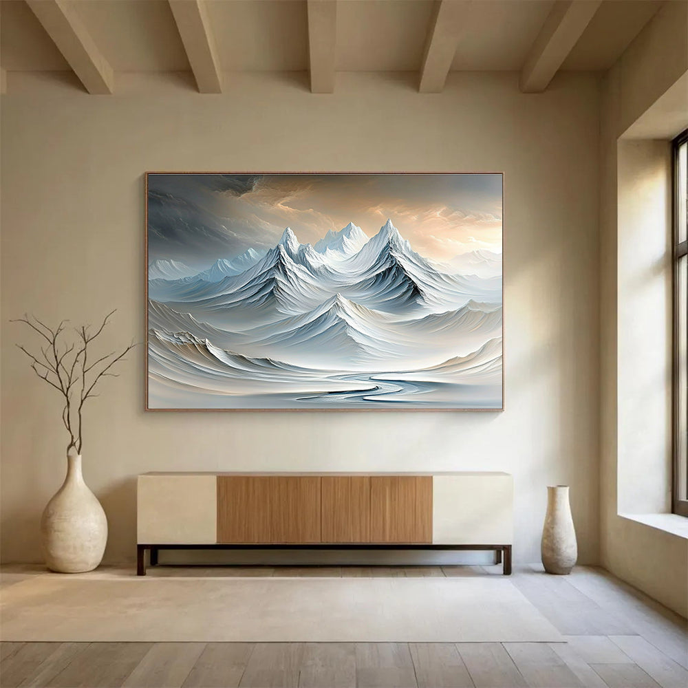 Surreal Snowy Mountain Range Abstract Painting with Dreamlike Beauty ABS609